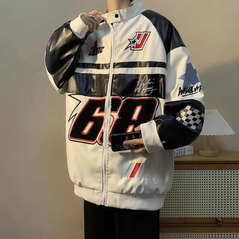 Gmiixder American Hip-hop Racing Coat Motorcycle Leather Jacket Men's Flocked Embroidery Loose Casual Windproof Punk Vibe Jacket