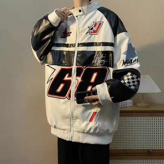 Gmiixder American Hip-hop Racing Coat Motorcycle Leather Jacket Men's Flocked Embroidery Loose Casual Windproof Punk Vibe Jacket