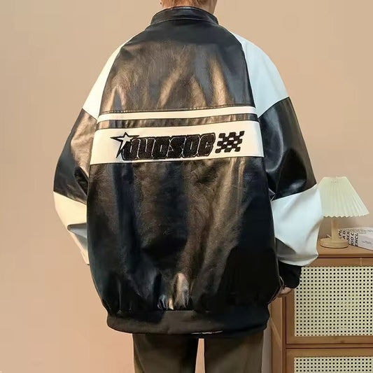 Gmiixder American Hip-hop Racing Coat Motorcycle Leather Jacket Men's Flocked Embroidery Loose Casual Windproof Punk Vibe Jacket