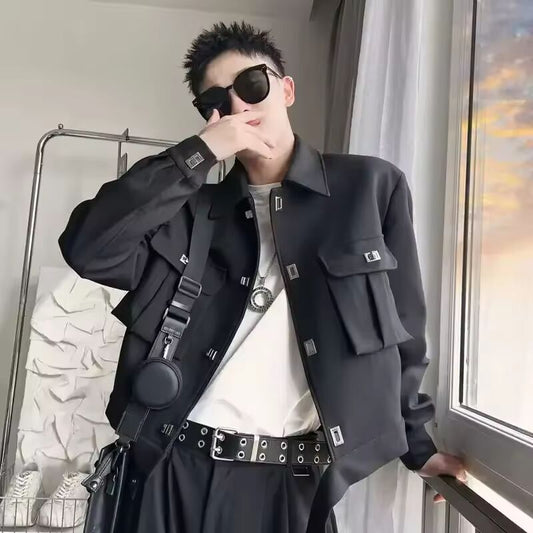 Korean Style Fashion High-end Jacket Men Spring Autumn New Multi-pocket Trendy Handsome Workwear Pilot Lapel Jacket Aesthetic