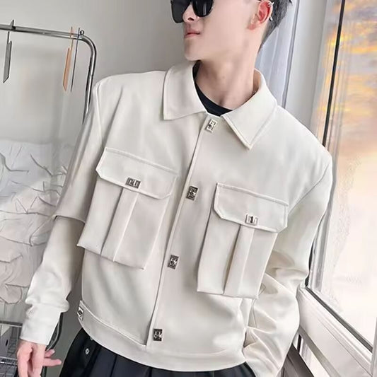 Korean Style Fashion High-end Jacket Men Spring Autumn New Multi-pocket Trendy Handsome Workwear Pilot Lapel Jacket Aesthetic